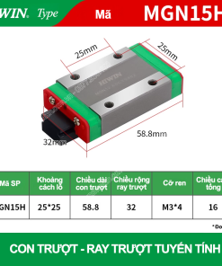 Con trượt vuông mini thân dài MGN15H (Bi trượt mini - Hiwin type)