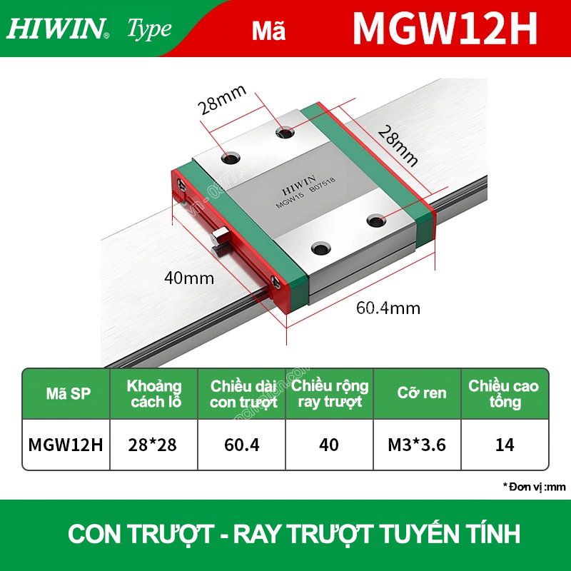 Con trượt vuông mini bản rộng thân dài MGW12H (Bi trượt vuông - Hiwin type)