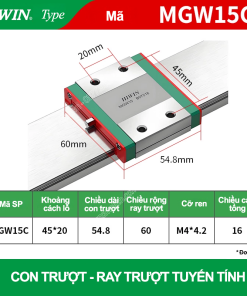 Con trượt vuông mini bản rộng thân dài MGW15C (Bi trượt vuông - Hiwin type)