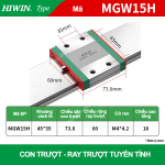 Con trượt vuông mini bản rộng thân dài MGW15H (Bi trượt vuông – Hiwin type)