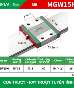Con trượt vuông mini bản rộng thân dài MGW15H (Bi trượt vuông - Hiwin type)