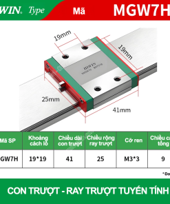 Con trượt vuông mini bản rộng thân dài MGW7H (Bi trượt vuông - Hiwin type)