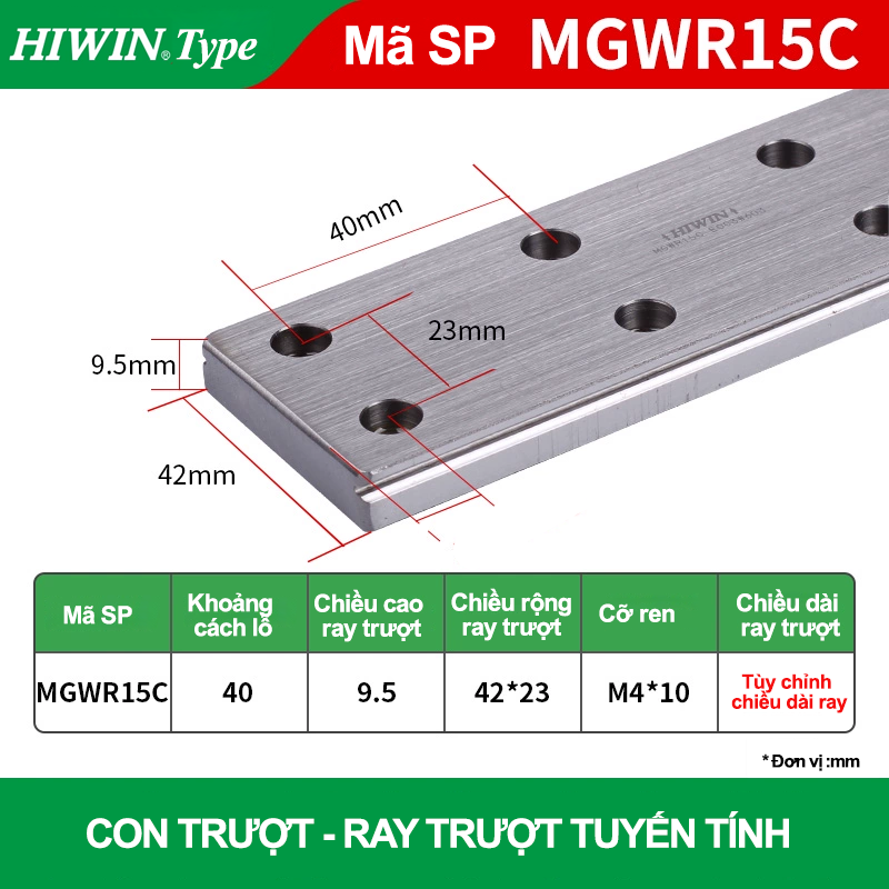 Ray trượt vuông mini ray rộng MGWR15R (Hiwin type)
