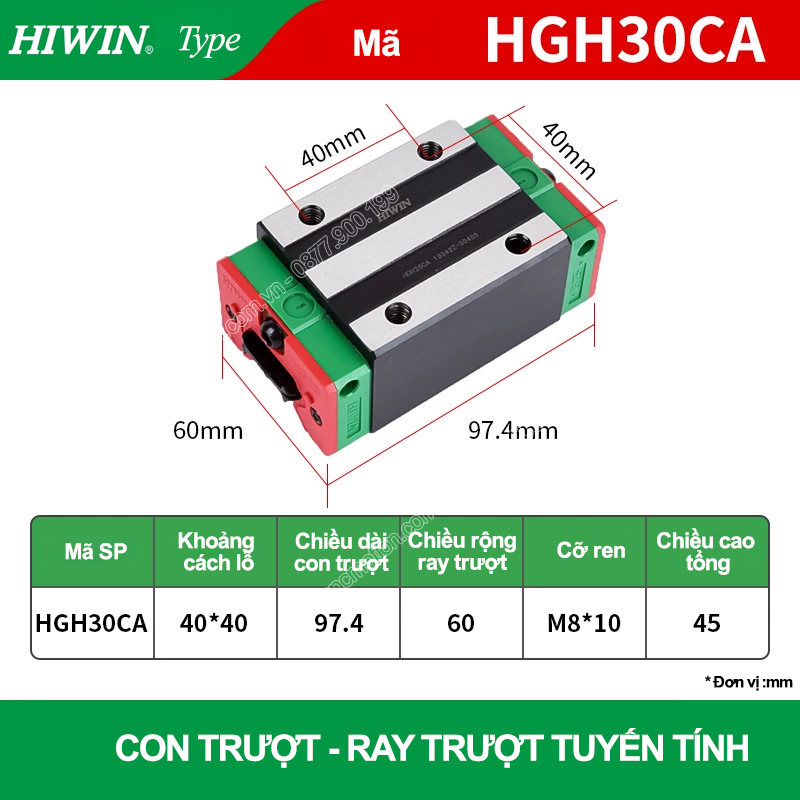Con trượt vuông tiêu chuẩn HGH30CA (Bi trượt vuông - Hiwin type)
