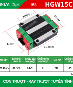 Con trượt vuông bản rộng HGW15CC (Bi trượt vuông - Hiwin type)