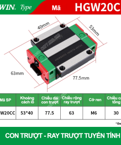 Con trượt vuông bản rộng HGW20CC (Bi trượt vuông - Hiwin type)