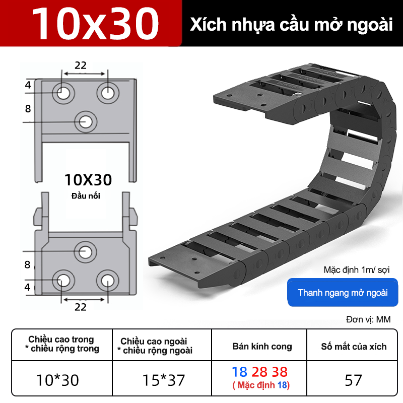 Xích nhựa cầu nắp hở XN10x30 NH ( Kích thước trong 10x30mm )