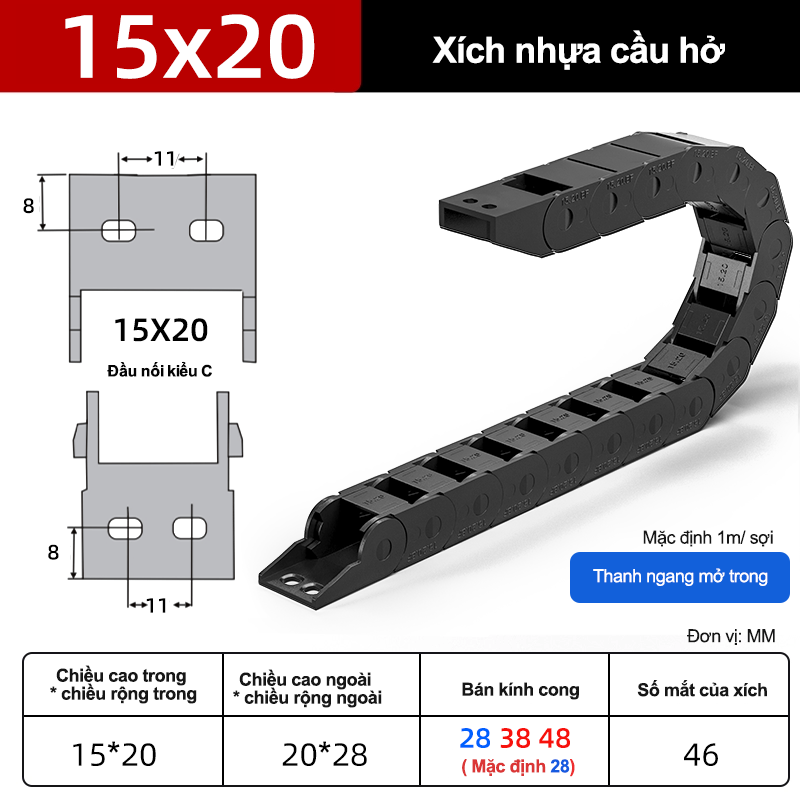 Xích nhựa cầu nắp kín XN15x20 C NK ( Kích thước trong 15x20mm )