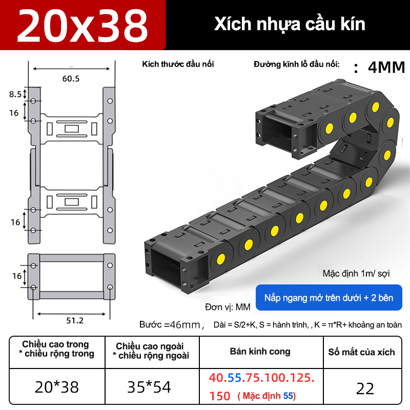 Xích nhựa cầu nắp kín XN20x38 CA NK ( Kích thước trong 20x38mm )