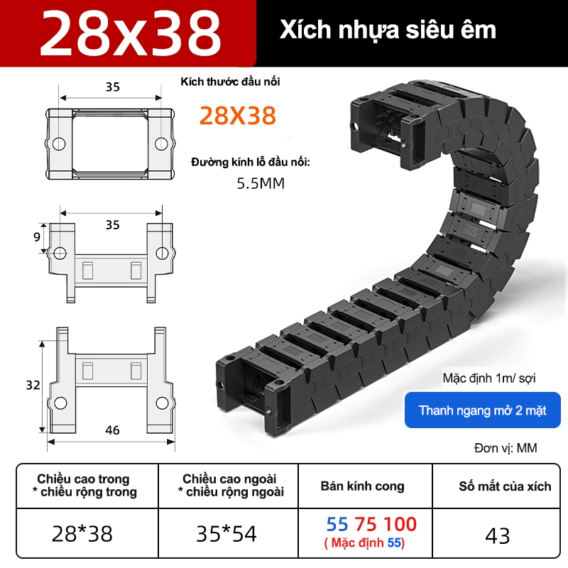 Xích nhựa cầu siêu êm (tĩnh âm) XN28x38 TA ( Kích thước trong 28x38mm )