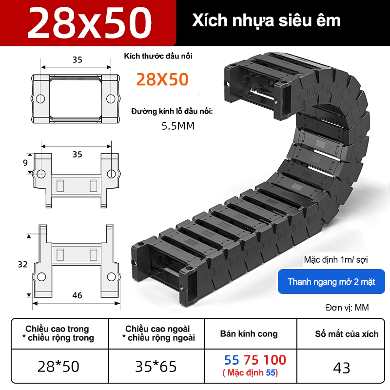 Xích nhựa cầu siêu êm (tĩnh âm) XN28x50 TA ( Kích thước trong 28x50mm )