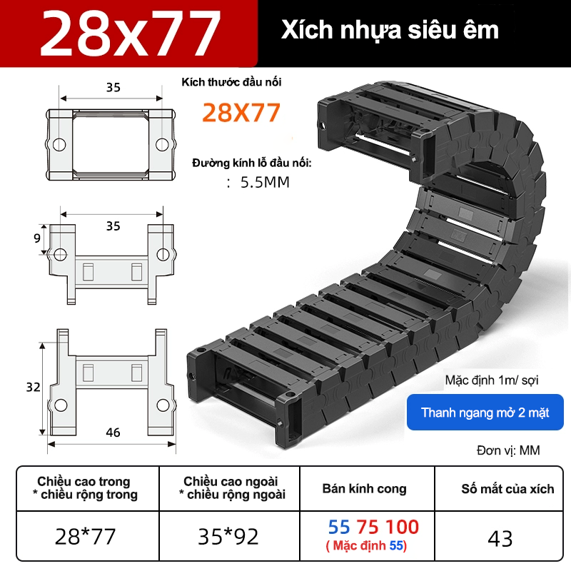 Xích nhựa cầu siêu êm (tĩnh âm) XN28x77 TA ( Kích thước trong 28x77mm )