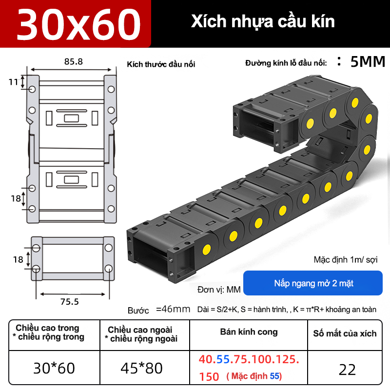 Xích nhựa cầu nắp kín XN30x60 CA NK ( Kích thước trong 30x60mm )