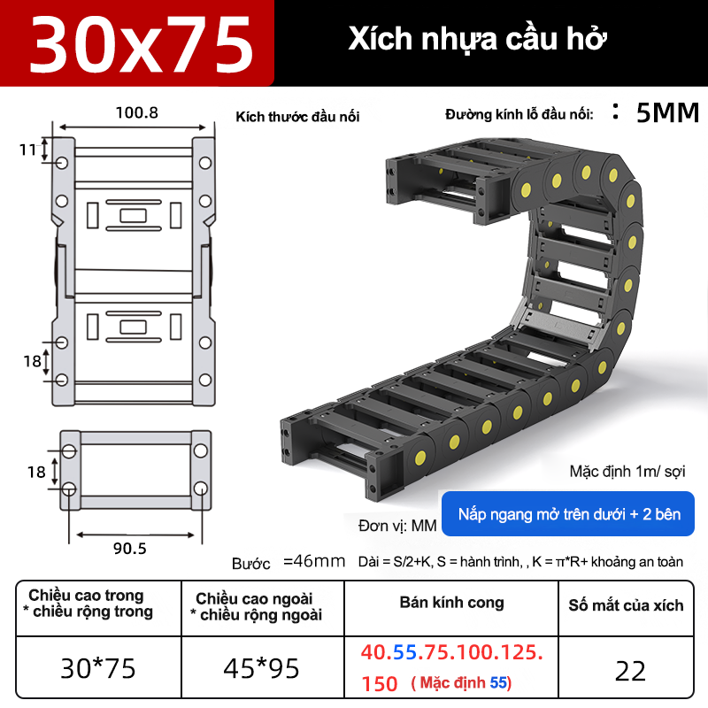 Xích nhựa cầu nắp hở XN30x75 CA NH ( Kích thước trong 30x75mm )