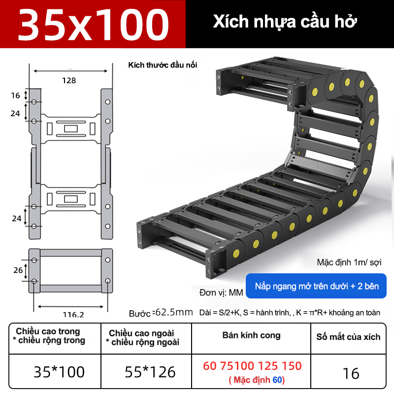 Xích nhựa cầu nắp hở XN35x100 CA NH ( Kích thước trong 35x100mm )