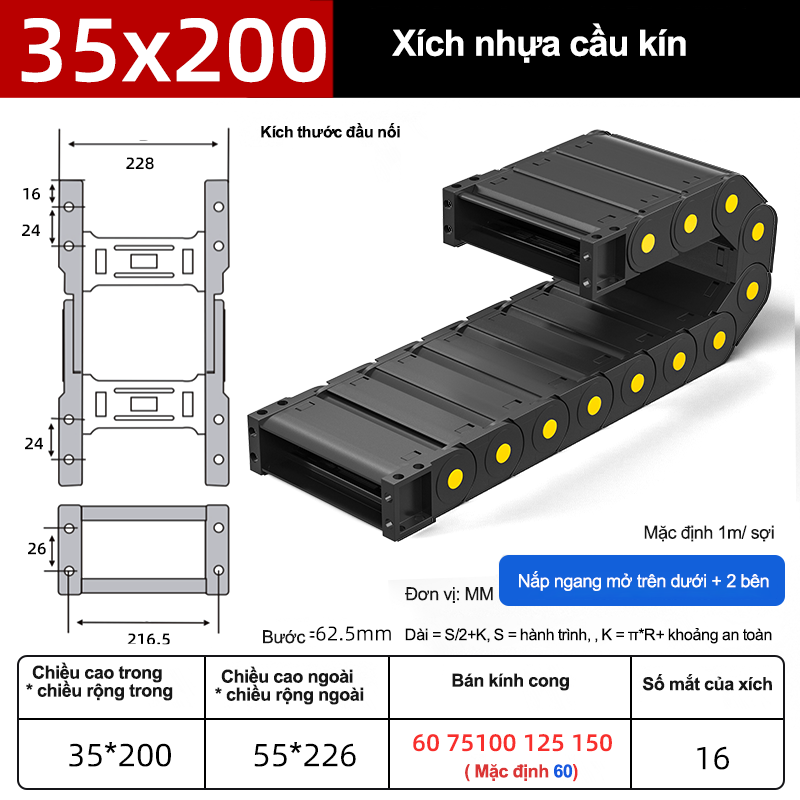 Xích nhựa cầu nắp kín XN35x200 CA NK ( Kích thước trong 35x200mm )