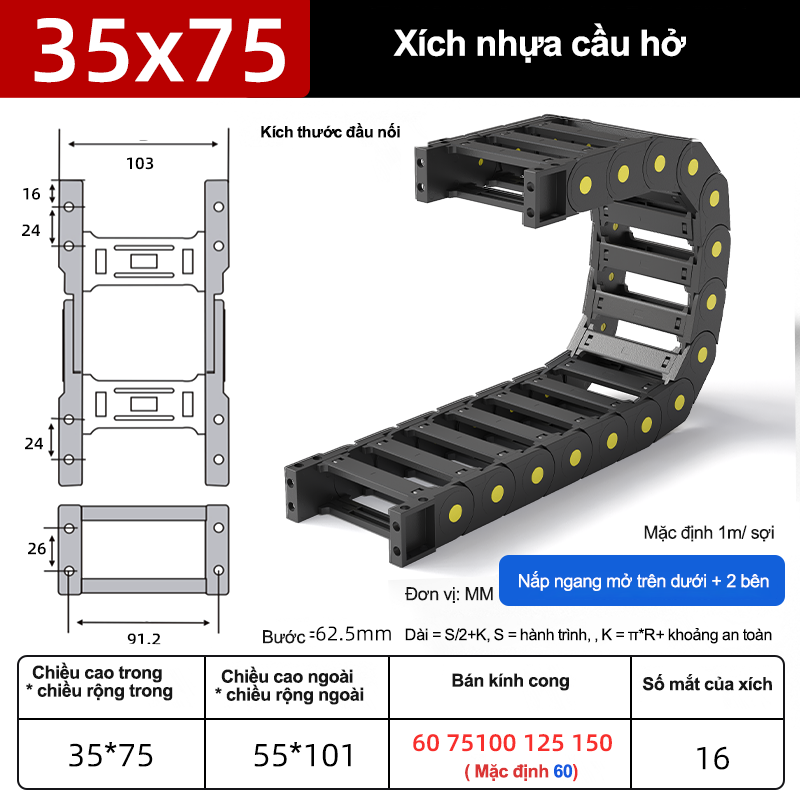 Xích nhựa cầu nắp hở XN35x75 CA NH ( Kích thước trong 35x75mm )