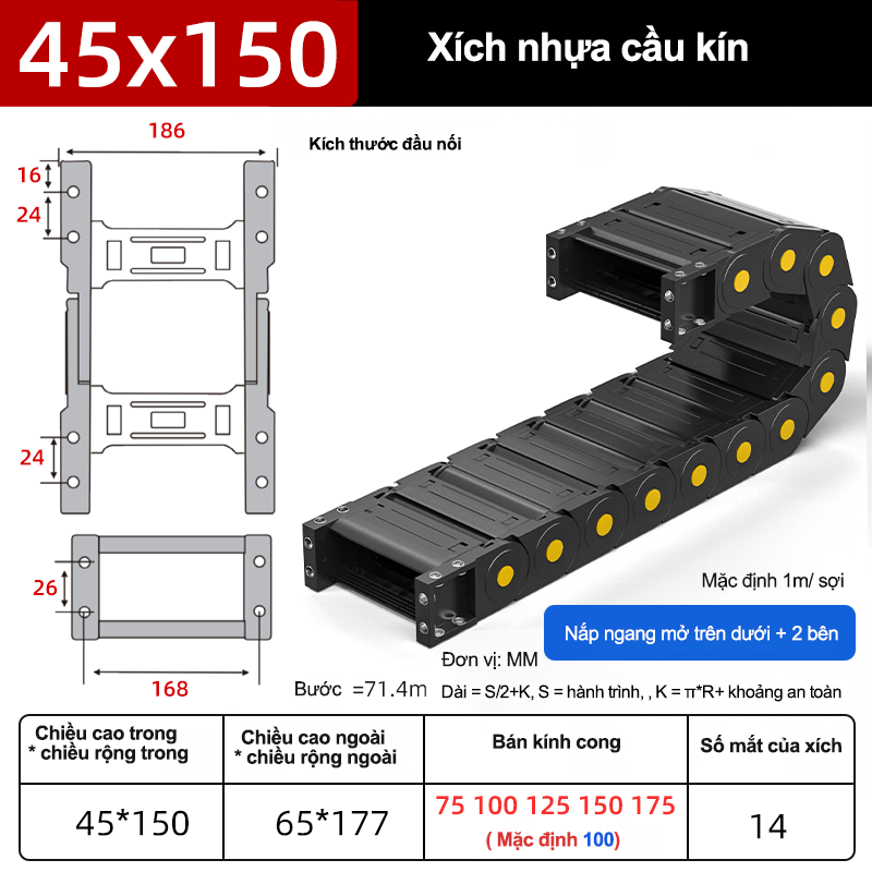 Xích nhựa cầu nắp kín XN45x150 CA NK ( Kích thước trong 45x150mm )