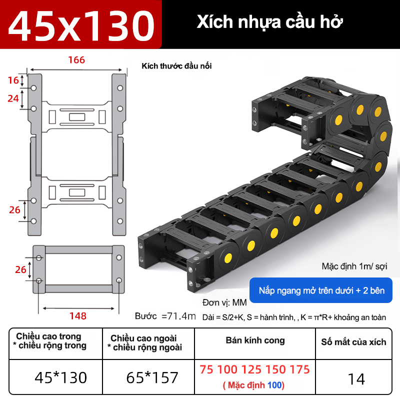 Xích nhựa cầu nắp hở XN45x130 CA NH ( Kích thước trong 45x13mm )