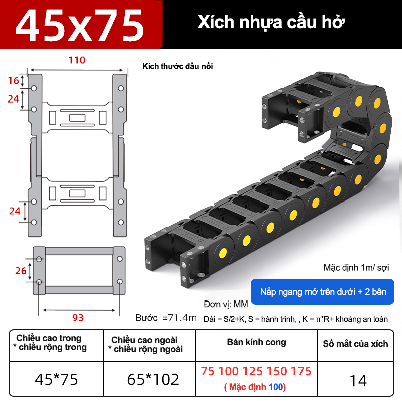 Xích nhựa cầu nắp hở XN45x75 CA NH ( Kích thước trong 45x75mm )