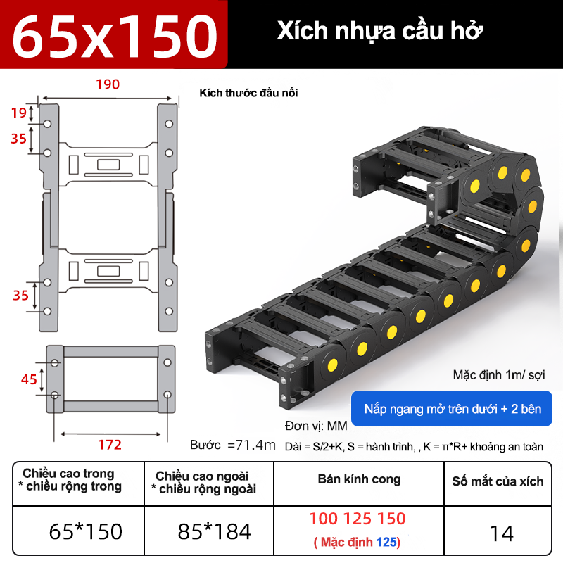 Xích nhựa cầu nắp hở XN65x150 CA NH ( Kích thước trong 65x150mm )