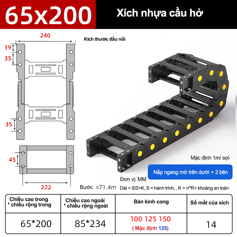 Xích nhựa cầu nắp hở XN65x200 CA NH ( Kích thước trong 65x200mm )