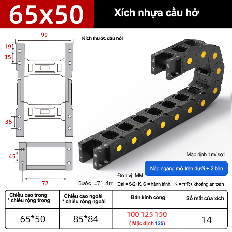 Xích nhựa cầu nắp hở XN65x50 CA NH ( Kích thước trong 65x50mm )