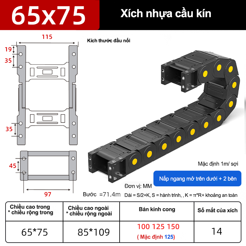 Xích nhựa cầu nắp kín XN65x75 CA NK ( Kích thước trong 65x75mm )