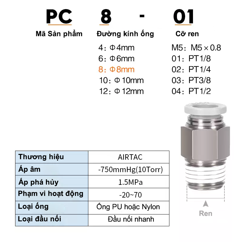 001 PC chon ma san pham Nối nhanh PC - Airtac chính hãng