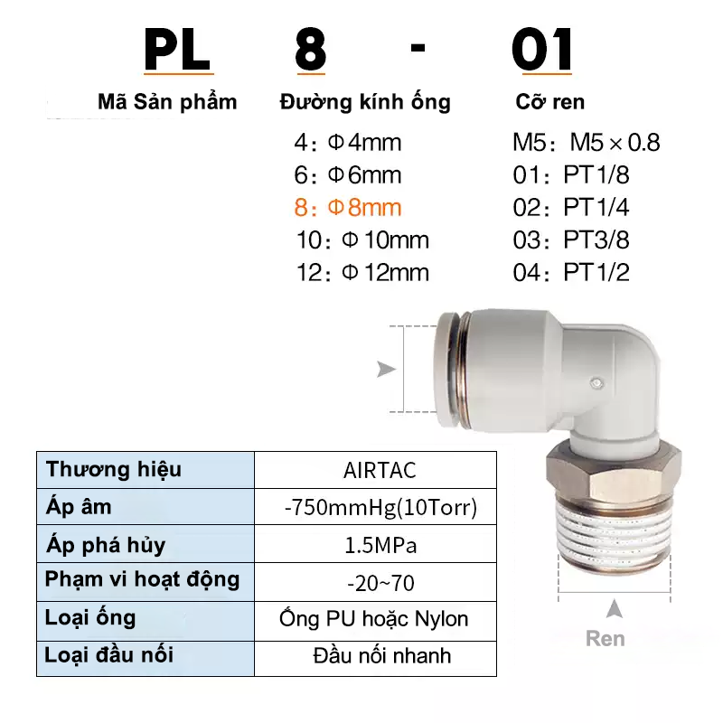 Nối nhanh PL - Airtac chính hãng 12 001 PL Chon SP 001 PL Chon SP Nối nhanh PL - Airtac chính hãng