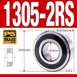 Vòng bi - bạc đạn tự lựa 1305-2RS  (Phớt cao su - 25*62*17 mm)