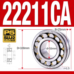 Vòng bi cà na tự lựa 2 dãy - bạc đạn cà na 22211CA/W33 (Có rãnh bôi trơn - lồng cách bi Đồng - kt 55*100*25 mm)
