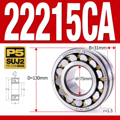 Vòng bi cà na tự lựa 2 dãy - bạc đạn cà na 22215CA/W33 (Có rãnh bôi trơn - lồng cách bi Đồng - kt 75*130*31 mm)