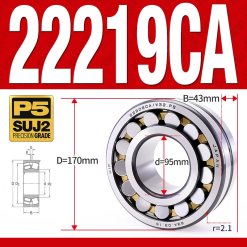 Vòng bi cà na tự lựa 2 dãy - bạc đạn cà na 22219CA/W33 (Có rãnh bôi trơn - lồng cách bi Đồng - kt 95*170*43 mm)