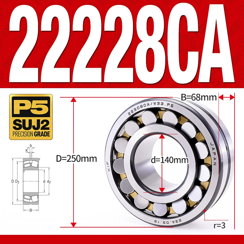 Vòng bi cà na tự lựa 2 dãy - bạc đạn cà na 22228CA/W33 (Có rãnh bôi trơn - lồng cách bi Đồng - kt 40*250*68 mm)