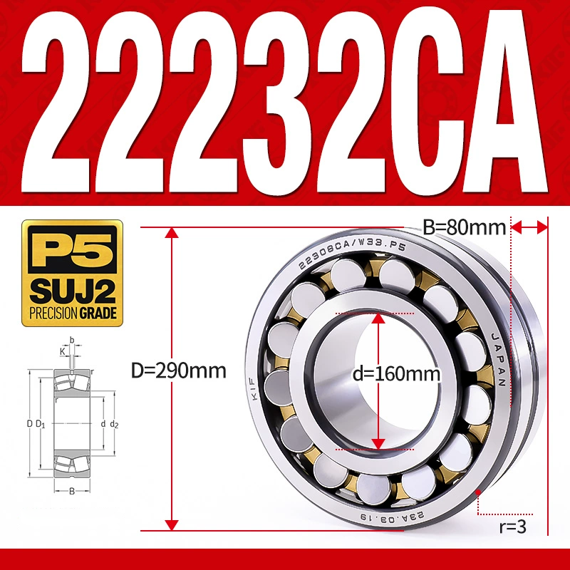 Vòng bi cà na tự lựa 2 dãy - bạc đạn cà na 22232CA/W33 (Có rãnh bôi trơn - lồng cách bi Đồng - kt 60*290*80 mm)