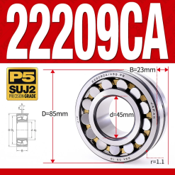 Vòng bi cà na tự lựa 2 dãy - bạc đạn cà na 22209CA/W33 (Có rãnh bôi trơn - lồng cách bi Đồng - kt 45*85*23 mm)
