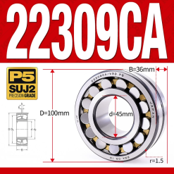 Vòng bi cà na tự lựa 2 dãy - bạc đạn cà na 22309CA/W33 (Có rãnh bôi trơn - lồng cách bi Đồng - kt 45*100*36 mm)