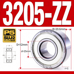 Vòng bi - bạc đạn 3205-ZZ  (Phớt kim loại -  25*52*20.6 mm)