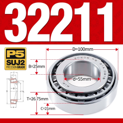Vòng bi côn 1 dãy bi - bạc đạn bánh xe 32211 (Kích thước -  55*100*26,75 mm)
