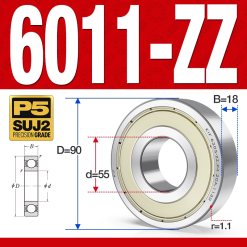 Vòng bi - bạc đạn 6011-ZZ  (Phớt kim loại - 55*90*18 mm)