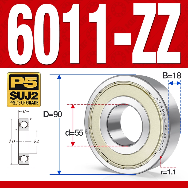 Vòng bi - bạc đạn 6011-ZZ  (Phớt kim loại - 55*90*18 mm)