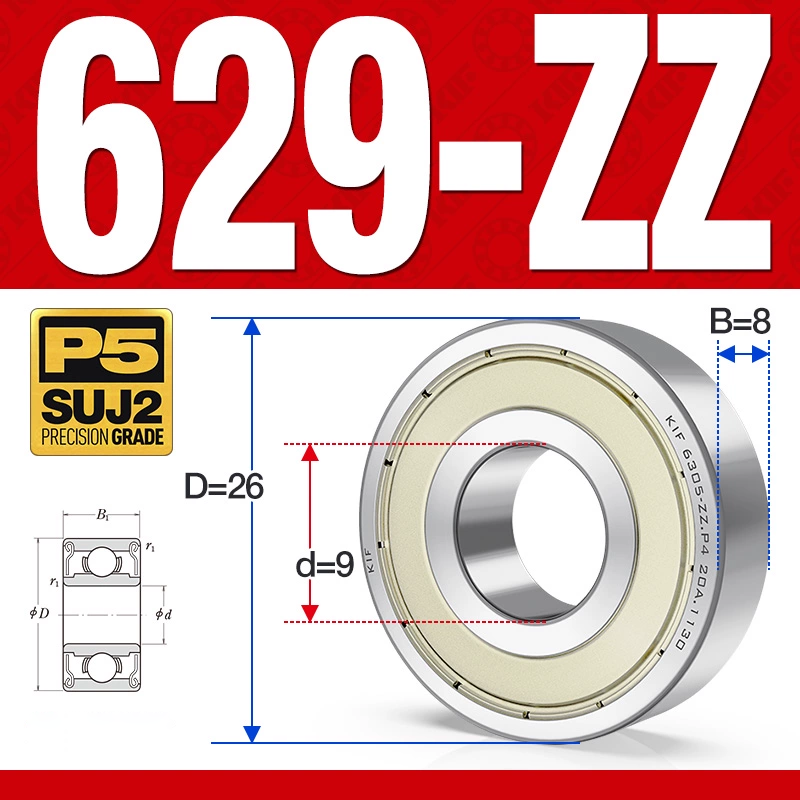 Vòng bi - bạc đạn mini  629-ZZ (Phớt kim loại -  9*26*8 mm)