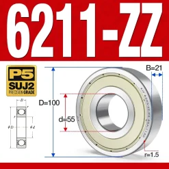 Vòng bi - bạc đạn 6211-ZZ  (Phớt cao su - 55*100*21 mm)