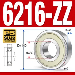 Vòng bi - bạc đạn 6216-ZZ  (Phớt cao su - 80*140*26 mm)