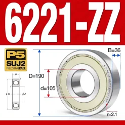 Vòng bi - bạc đạn 6221-ZZ  (Phớt cao su - 105*190*36 mm)