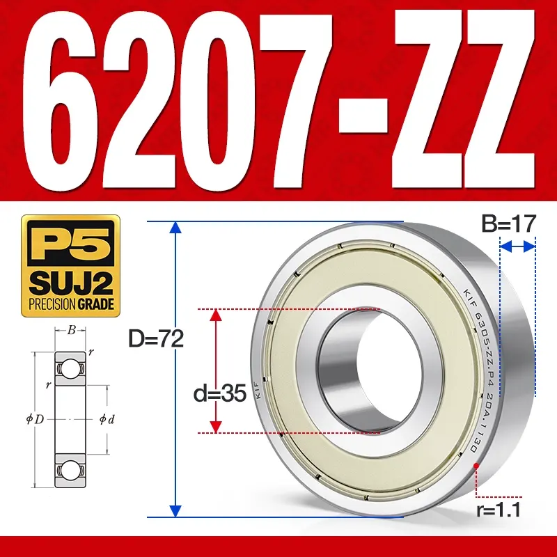 Vòng bi - bạc đạn 6207-ZZ  (Phớt cao su - 35*72*17 mm)