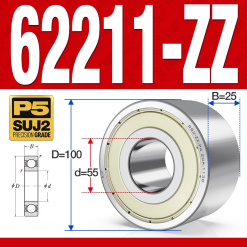 Vòng bi - bạc đạn 62211-ZZ (Bi cầu 2 dãy - Phớt kim loại - 55*100*25 mm)