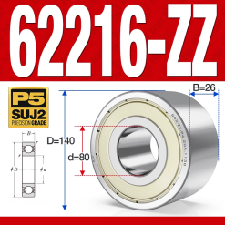 Vòng bi - bạc đạn 62216-ZZ (Bi cầu 2 dãy - Phớt kim loại - 80*140*26 mm)