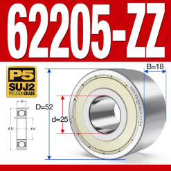 Vòng bi - bạc đạn 62205-ZZ (Bi cầu 2 dãy - Phớt kim loại - 25*52*18 mm)